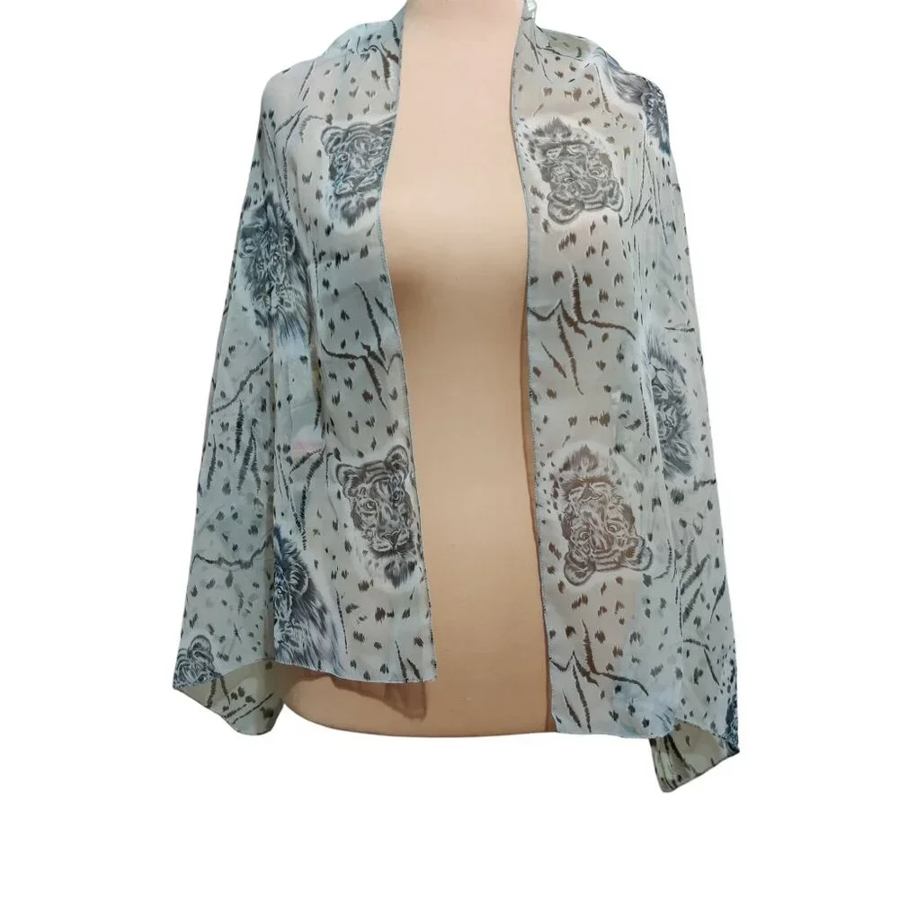 Sheer Gray Animal Print Scarf Lightweight Lion Leopard Graphic Versatile Layer